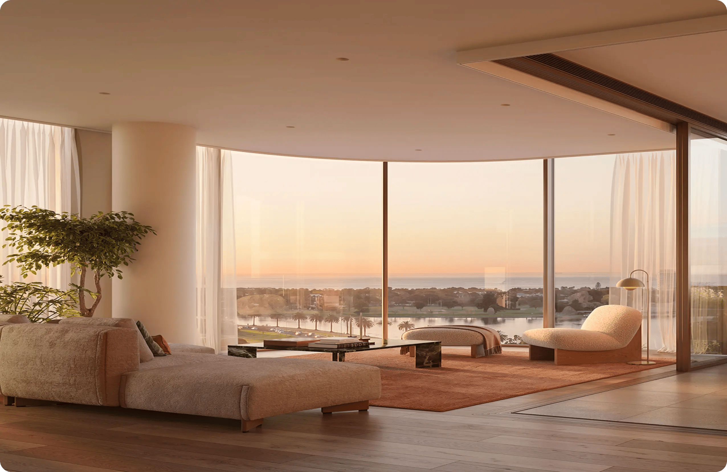 Living room with views over Albert Park Lake at Encore